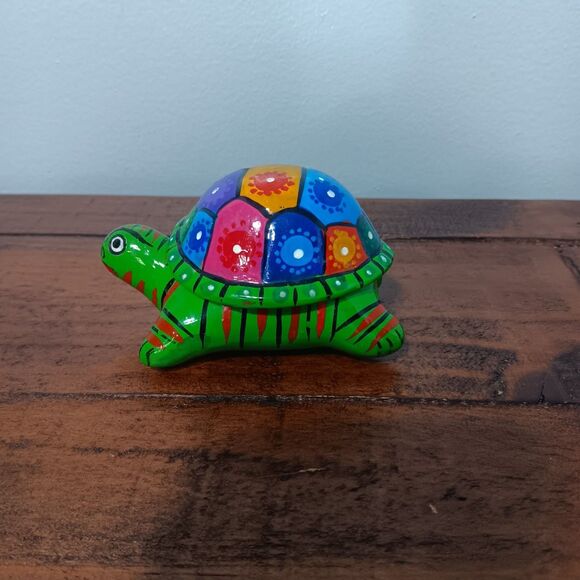 Vintage Turtle Trinket Box Terracotta Clay Mexico Hand Painted - Picture 4 of 8